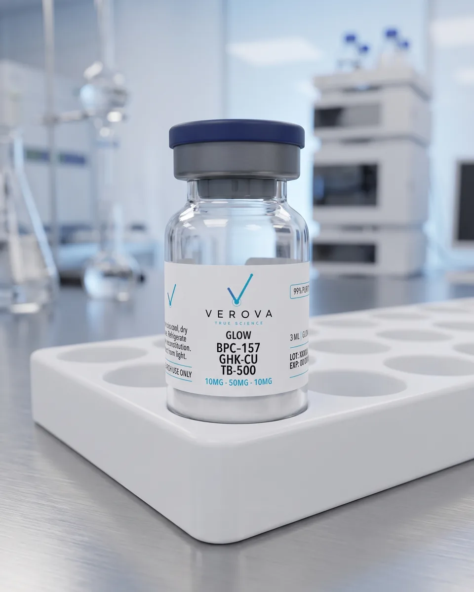 VEROVA GLOW research blend vial, 10 / 50 / 10 mg · 3 mL, 99% purity