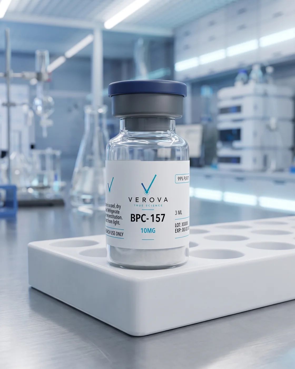 VEROVA research peptide vial on a laboratory bench with HPLC instrumentation