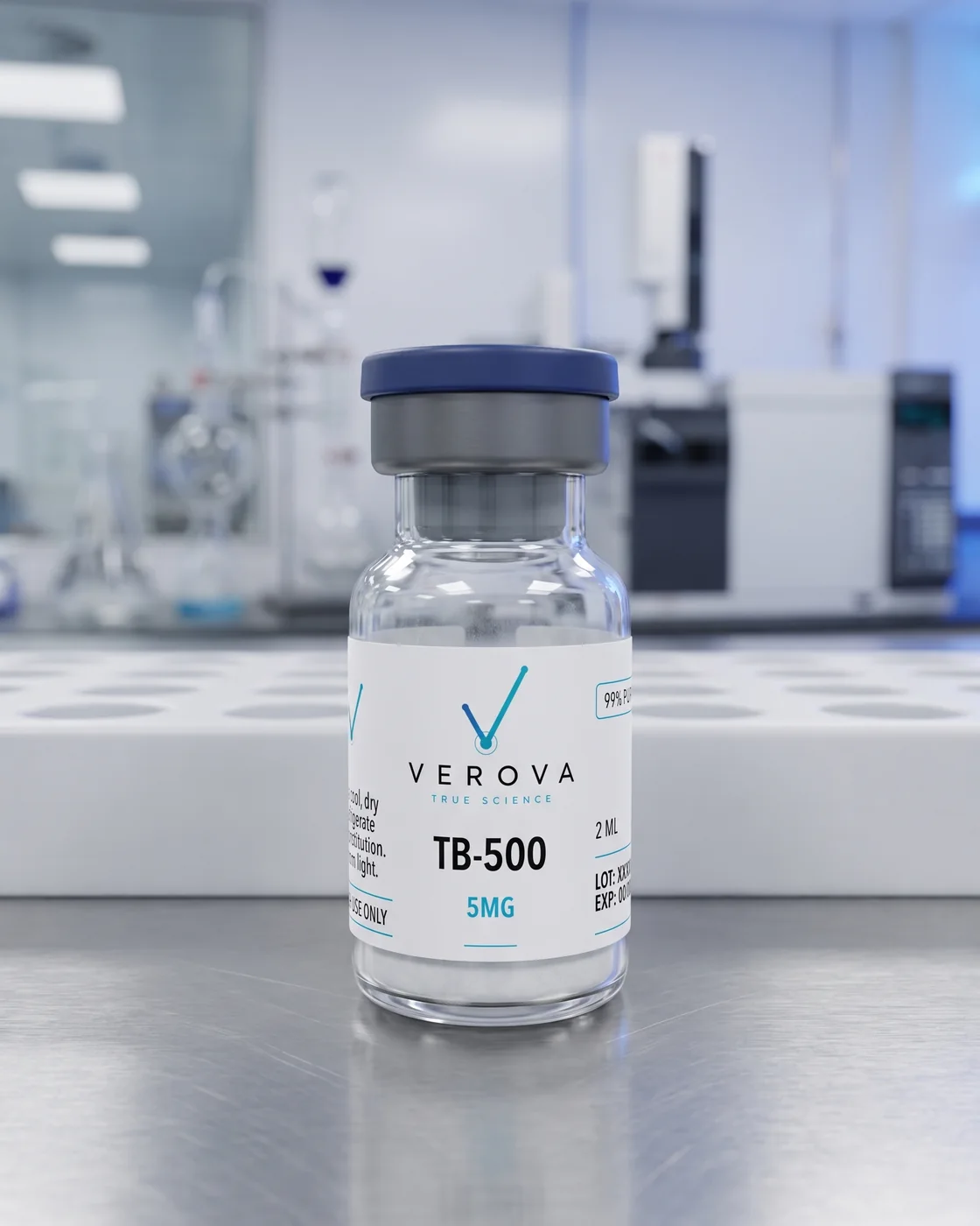 VEROVA research peptide vial in a laboratory rack, labelled research use only