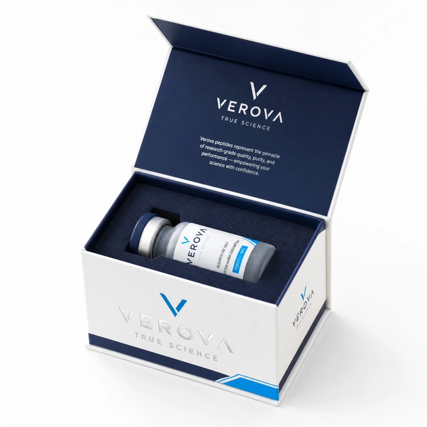 VEROVA research peptide vial in its presentation box, labelled research use only